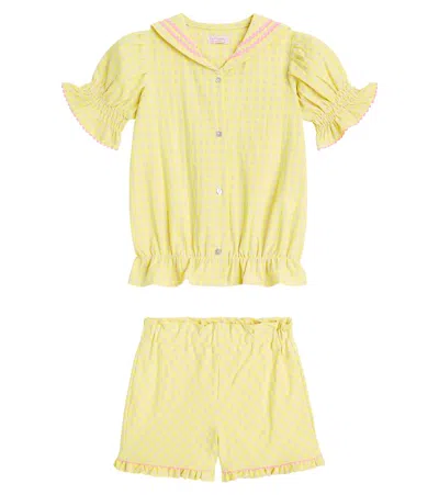 La Coqueta Kids' Dia Gingham Cotton-blend Top And Trousers Set In Yellow