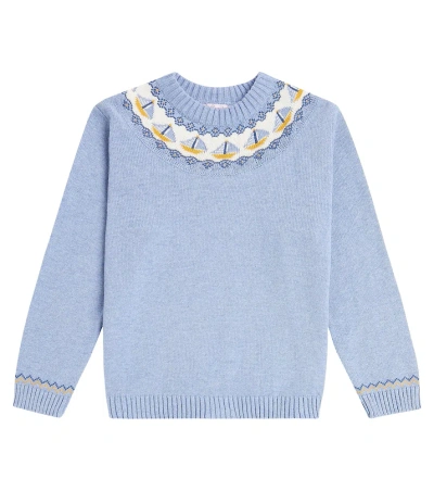 La Coqueta Kids' Intarsia Cotton Sweatshirt In Blue