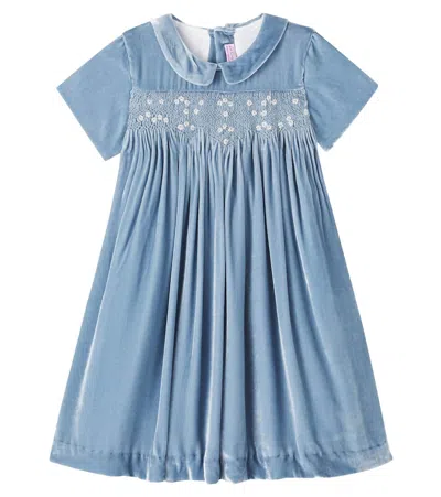 La Coqueta Kids' Marcita Smocked Velvet Dress In Blue