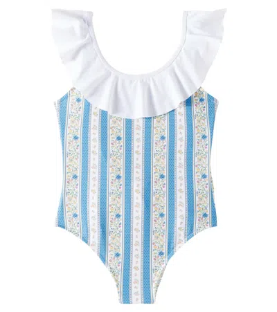 La Coqueta Kids' Mila Striped Floral Swimsuit In Blue