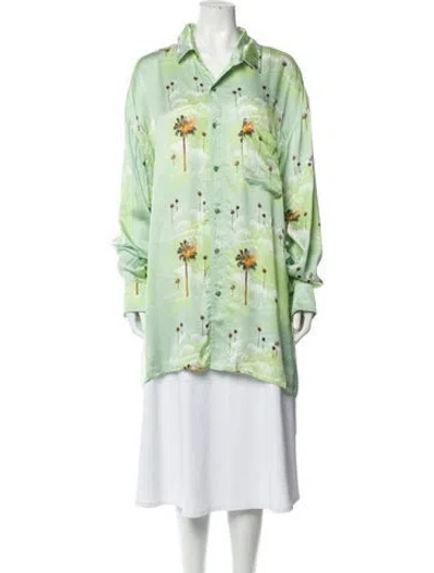 Pre-owned La Detresse Printed Long Sleeve Button-up Top In Green