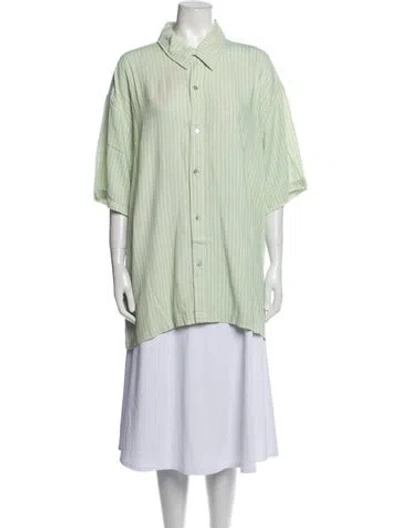 Pre-owned La Detresse Striped Short Sleeve Button-up Top In Green