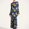 La Doublej Floral Bell-sleeve Midi Dress In Blue