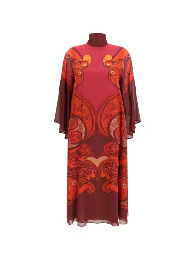 La Doublej Alchemy Placée Dark Red In Silk Georgette Midi Magnifico Dress In Multi