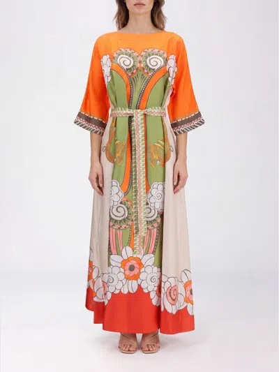 La Doublej A-line Long Silk Dress With Ethnic Print And Waist Belt In Green
