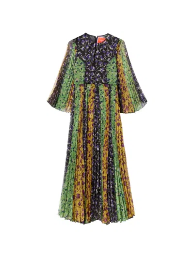 La Doublej Angel Pleated Printed Chiffon Maxi Dress In Multi