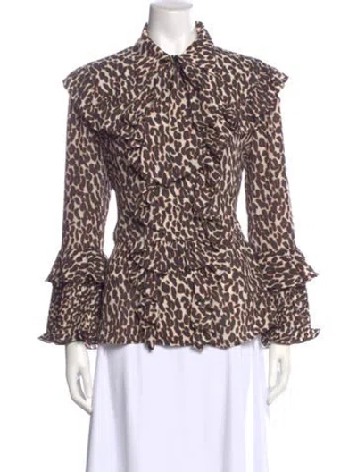 Pre-owned La Doublej Animal Print Tie Neck Blouse In Brown