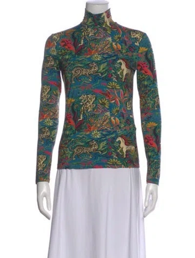 Pre-owned La Doublej Animal Print Turtleneck Top In Green