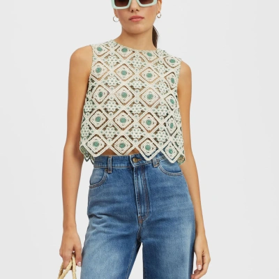 La Doublej Aria Macramé Cropped Blouse In Agua Cream