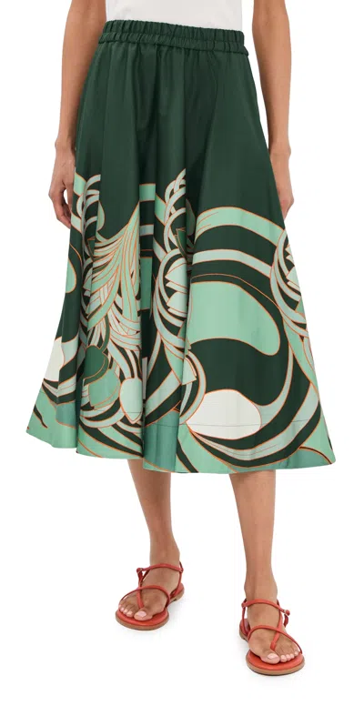 La Doublej Ballerina Gathered Printed Cotton-twill Midi Skirt In Green