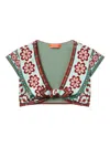 La Doublej Bardot Floral-print Tie-front Top In Green