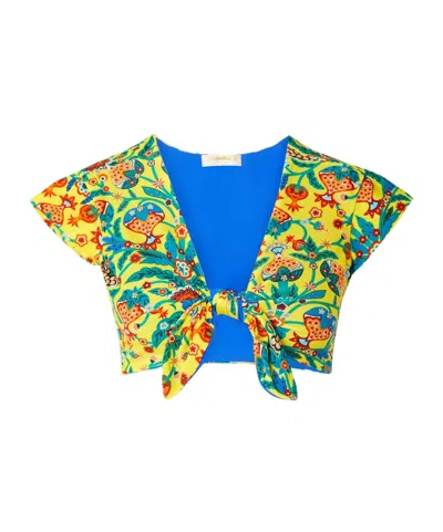 La Doublej Bardot Tie-detailed Printed Bikini Top In Yellow