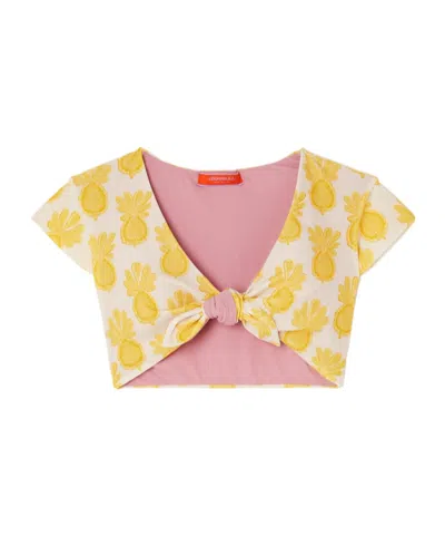 La Doublej Bardot Tie-front Printed Bikini Top In Yellow