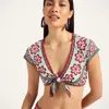 La Doublej Bardot Floral-print Tie-front Top