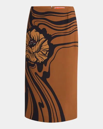La Doublej Big Blooms Placee Midi Pencil Skirt In Brown