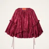 La Doublej Boho Asymmetric Ruffled Satin-jacquard Blouse In Burgundy