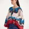La Doublej Boho Tie-detailed Printed Cotton Peplum Blouse In Pacific Placée Blue Petrol