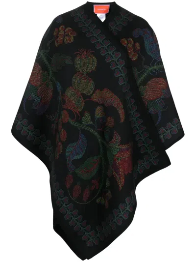 La Doublej Botanical-print Wool Poncho In Grenadilla Placée Black