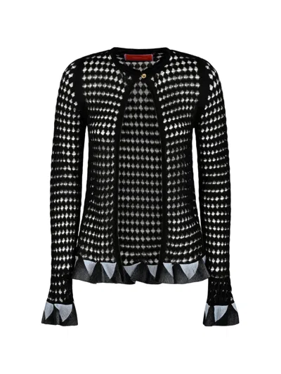 La Doublej Bow Ruffled Open-knit Cardigan In Black