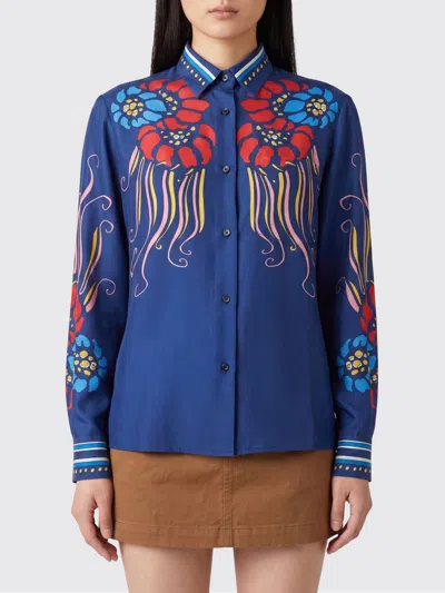 La Doublej Multicolor Silk Shirt With Classic Collar And All-over Print Woman In Blue