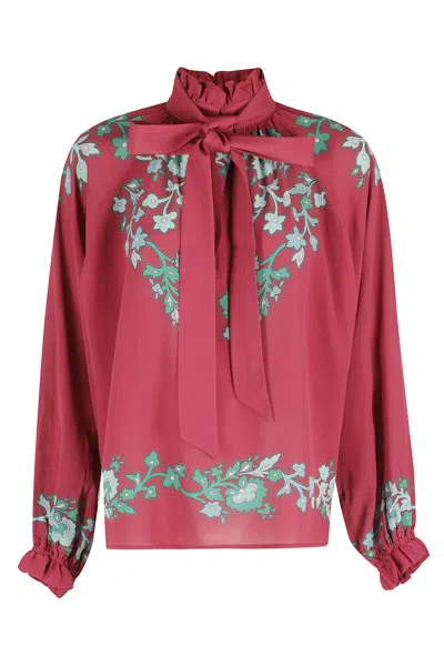 La Doublej Burgundy Cerere High-necked Ribbon-draped Viscose Blouse In White