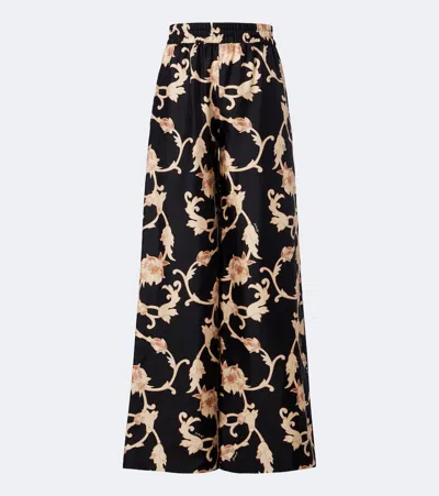 La Doublej Palazzo Floral-print Silk-twill Wide-leg Pants In Black