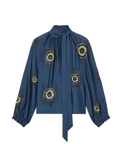 La Doublej Cerere Silk Embroidered Blouse In Blue