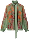 La Doublej La Double J High-neck Silk Shirt With Floral Print In Green