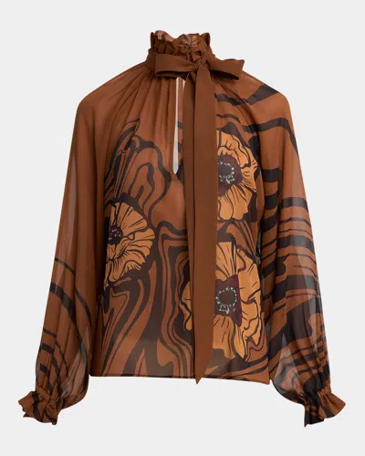 La Doublej Cerere Long-sleeve Silk Chiffon Blouse In Brown