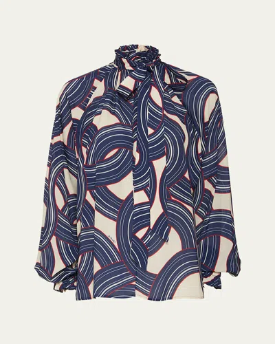 La Doublej Cerere Placee Printed Blouse With Tie Neck In Montecarlo