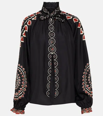 La Doublej Cerere Ruffled Printed Silk Blouse In Black