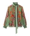 La Doublej La Double J High-neck Silk Shirt With Floral Print In Green