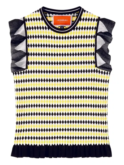 La Doublej Checkers Ruffled Short-sleeve Top