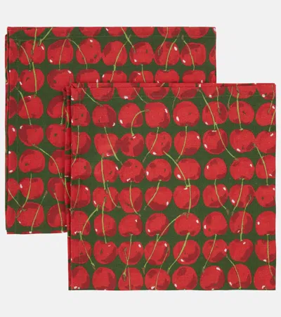 La Doublej Cherries Verde Set Of Two Napkins In Multicolor