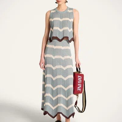La Doublej Chevron Scalloped Striped Pointelle-knit Cotton Maxi Skirt In Blue