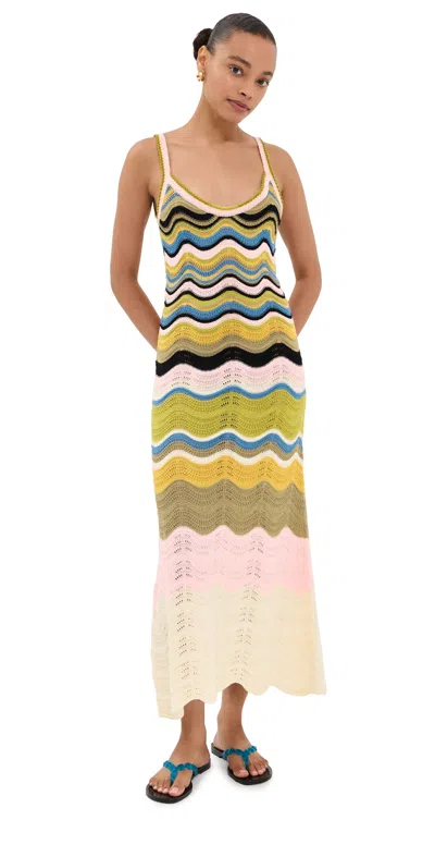 La Doublej Scalloped Striped Crocheted Cotton Maxi Dress In Green