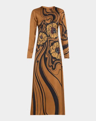 La Doublej Clingy Swing Satin Stretch Big Blooms Placee Dress In Brown