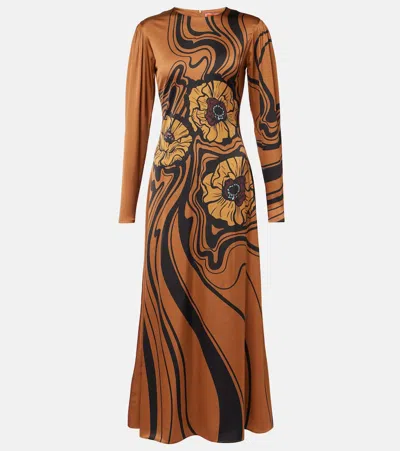 La Doublej Clingy Swing Satin Stretch Big Blooms Placee Dress In Brown