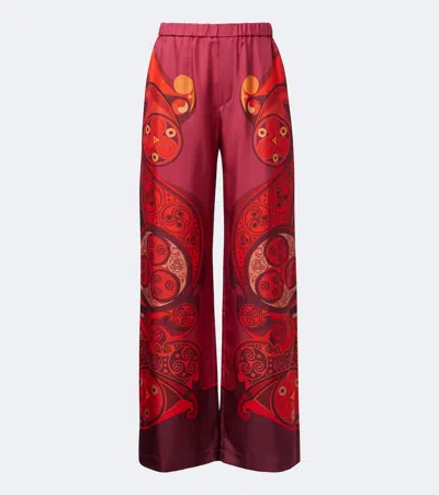 La Doublej Club Printed Silk Twill Wide-leg Pants In Pink