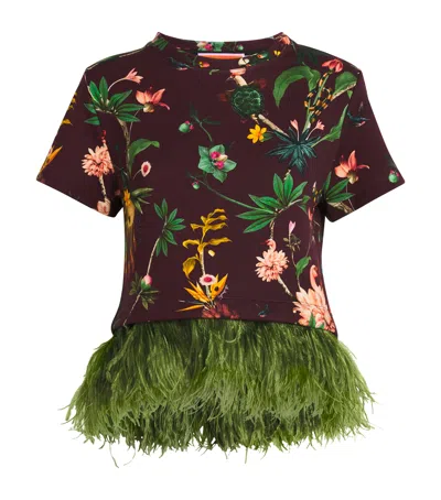La Doublej Cotton Feather-trim Floral Top In Green