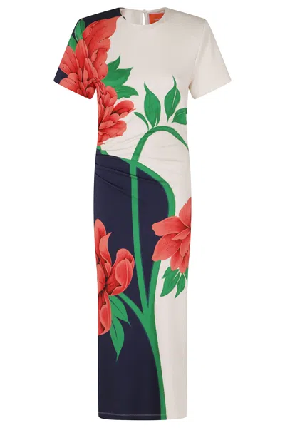 La Doublej Cream Blue Red Lela Flower Printed Viscose Maxi Dress In Multi