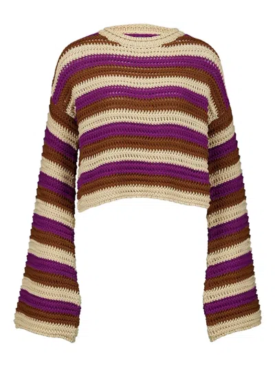 La Doublej Cropped Striped Crocheted Cotton-blend Sweater In Multi