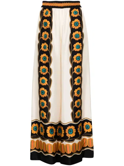 La Doublej La Double J Printed Silk Wide-leg Trousers In Beige
