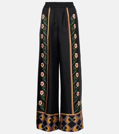 La Doublej La Double J Wide-leg Multicolor Silk Trousers With Floral In Black
