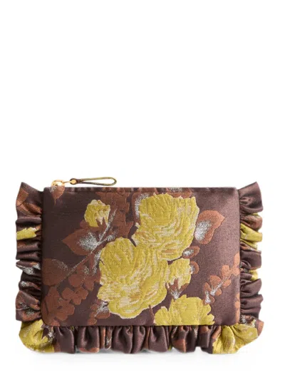 La Doublej Devon Brown In Silk Mix Jacquard Hand Pochette In White