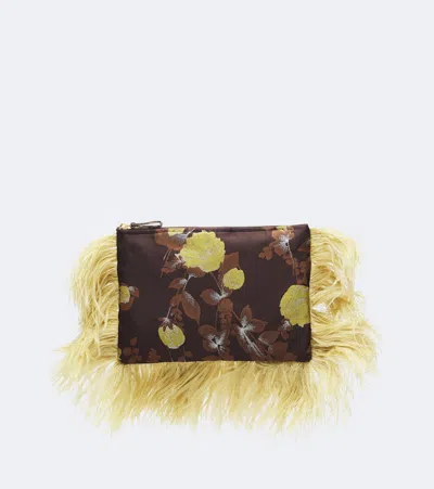 La Doublej Devon Feather-trimmed Jacquard Clutch In Multicoloured