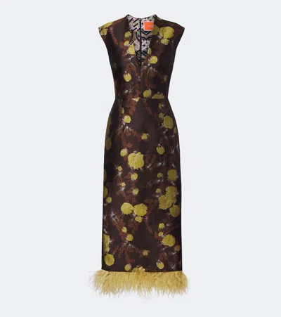 La Doublej Devon Feather-trimmed Jacquard Midi Dress In Brown
