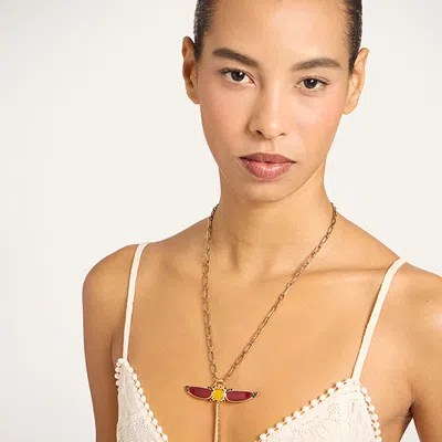 La Doublej Dragonfly Necklace In Enameled 24k Gold Plate And Yellow Agate