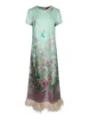 La Doublej Swing Green Midi Dress With Feathered Hem And All-over Floral Print In Silk Woman In Green