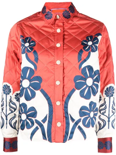 La Doublej Edie Floral-print Quilted Jacket In Red